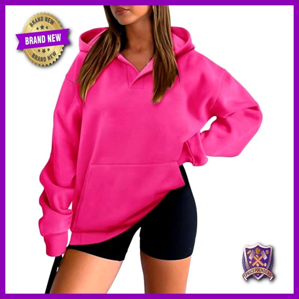 Oversized Fleece Hoodie with Kangaroo Pocket, Drop Shoulder, V-Neck - Picture 3 of 7